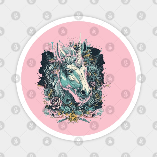 Unicorn surrounded by flowers and confetti Magnet by WarFX Designs